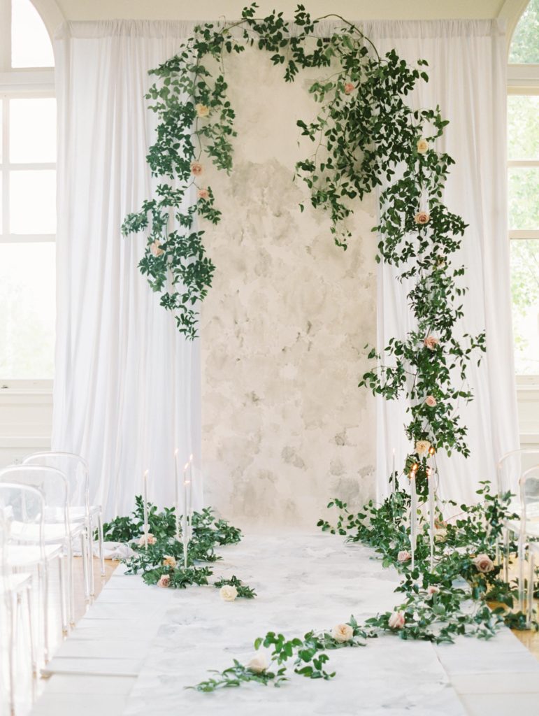 25 foot watercolor marble backdrop with green vines pink roses and white drapery