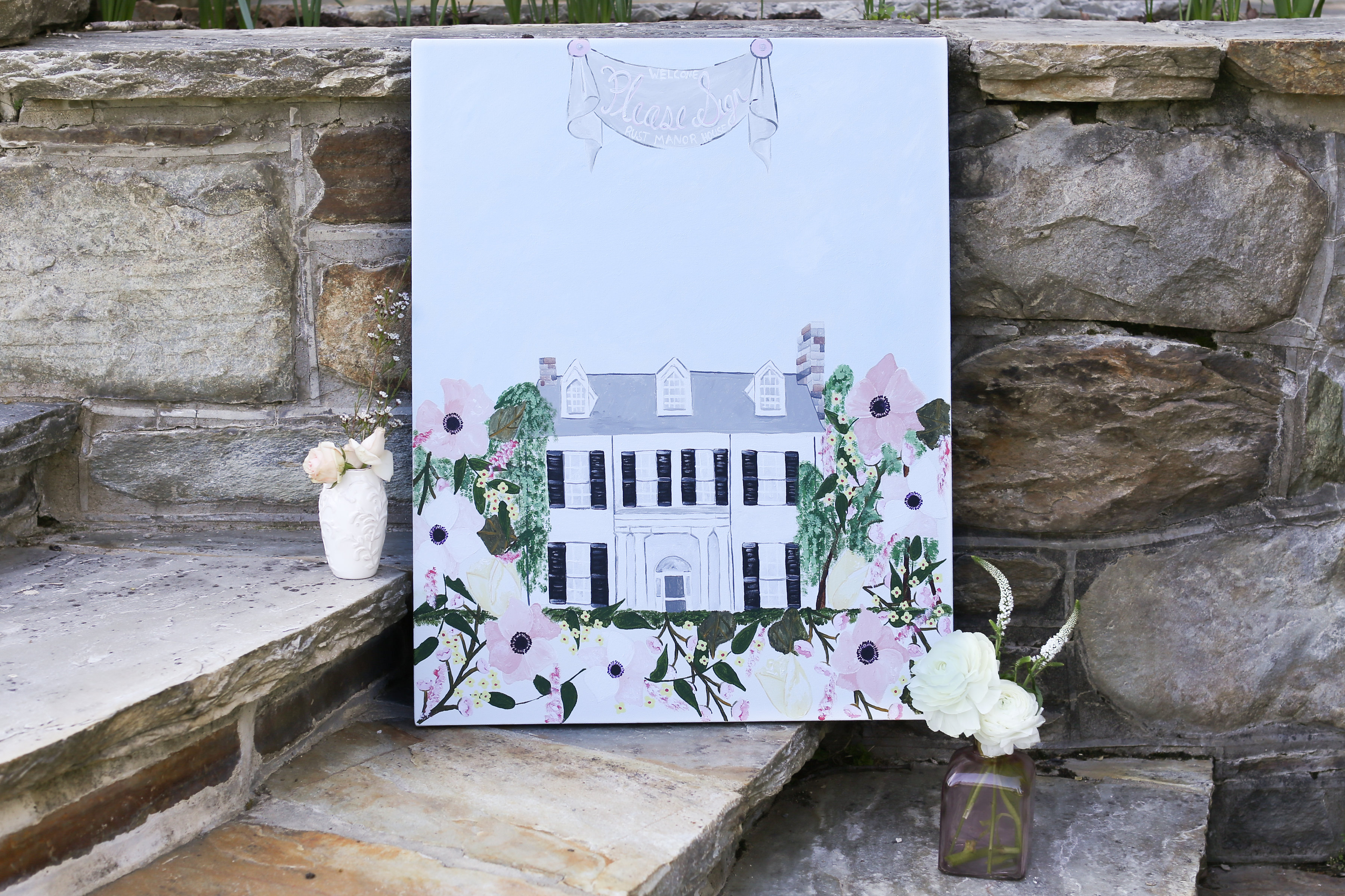 acrylic guestbook painting featuring wedding venue Rust Manor House
