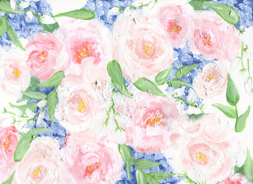 acrylic painting of peach and blue florals
