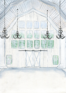 Painting of the interior of the all white White Sparrow Barn in Quinlan, Texas