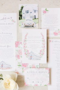 Pink and green wedding invitation suite styled with florals