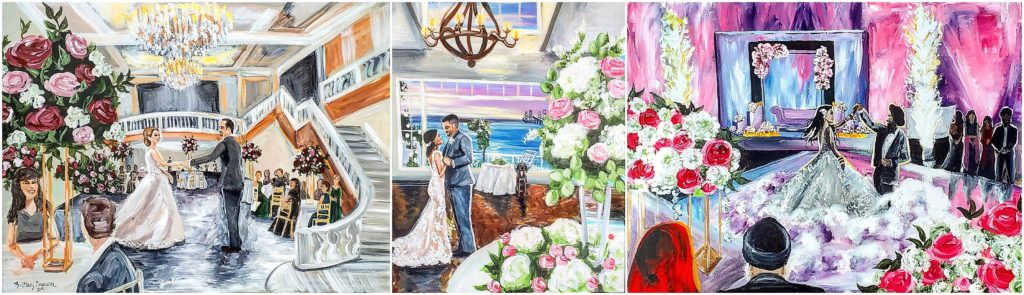 Three first dance live wedding painting examples by destination live wedding painter Brittany Branson.