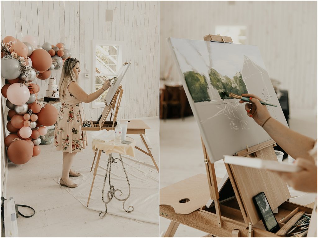 White Sparrow Barn Wedding Ceremony & Reception Live Painting By Brittany Branson. Image by Madison Katlin Photography.