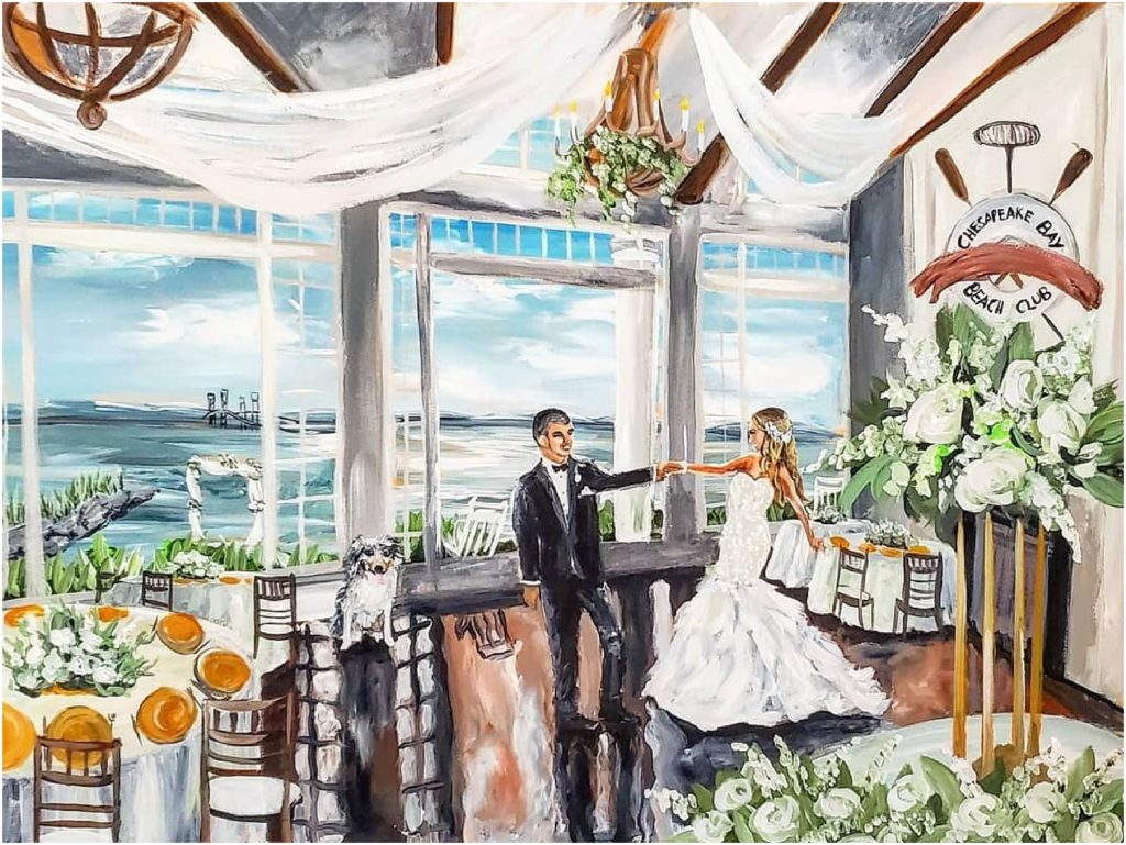 Bride and groom first dance live wedding painting at the Chesapeake Bay Beach Club