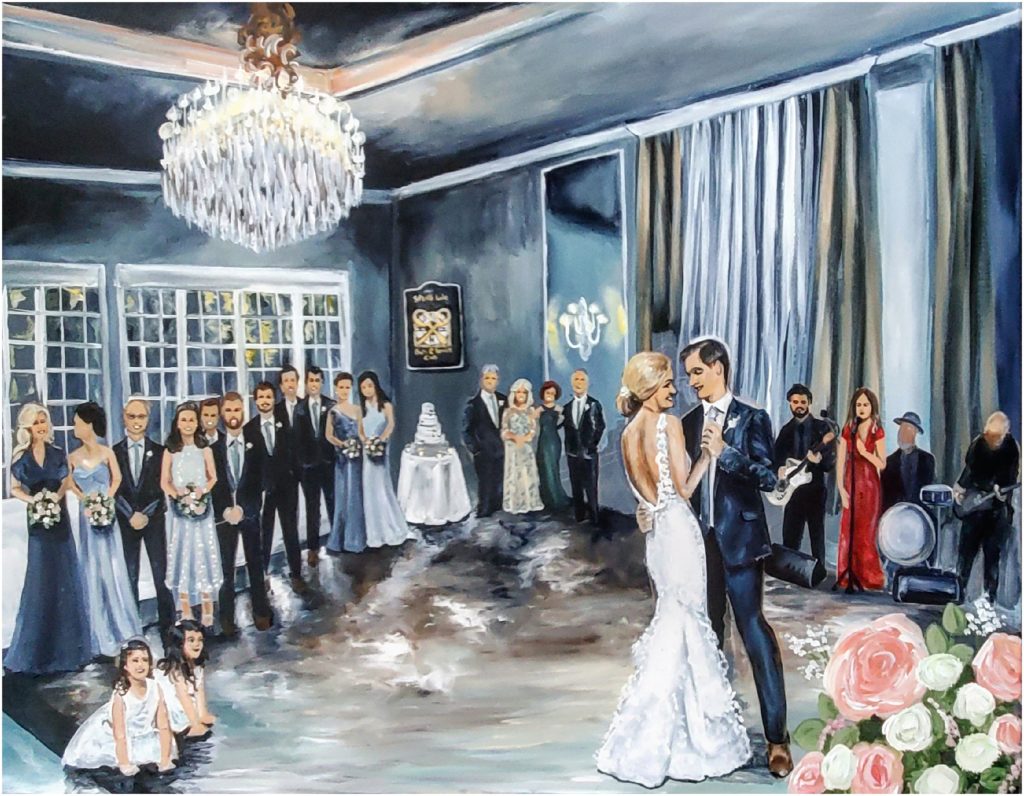 Wedding painting of a bride and groom sharing their first dance at the Spring Lake Bath and Tennis Club in Spring Lake New Jersey
