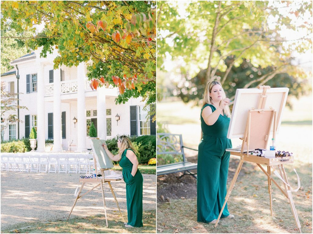 Live painter Brittany Branson painting a wedding at Keswick Vineyards in Charlottesville, VA photographed by Meghan Elizabeth Photography.